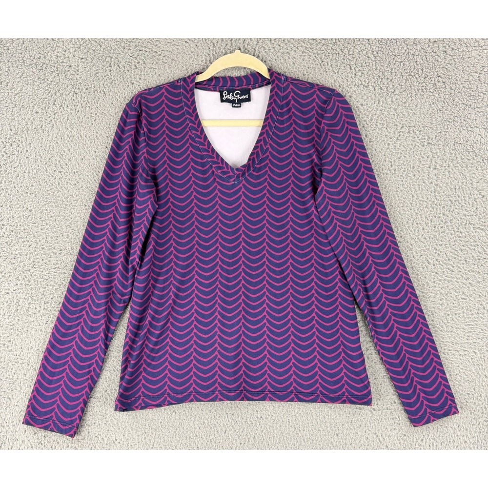Lesley Evers Top Women M Purple Pink Scallop Wave Print V Neck Long Sleeve Shirt